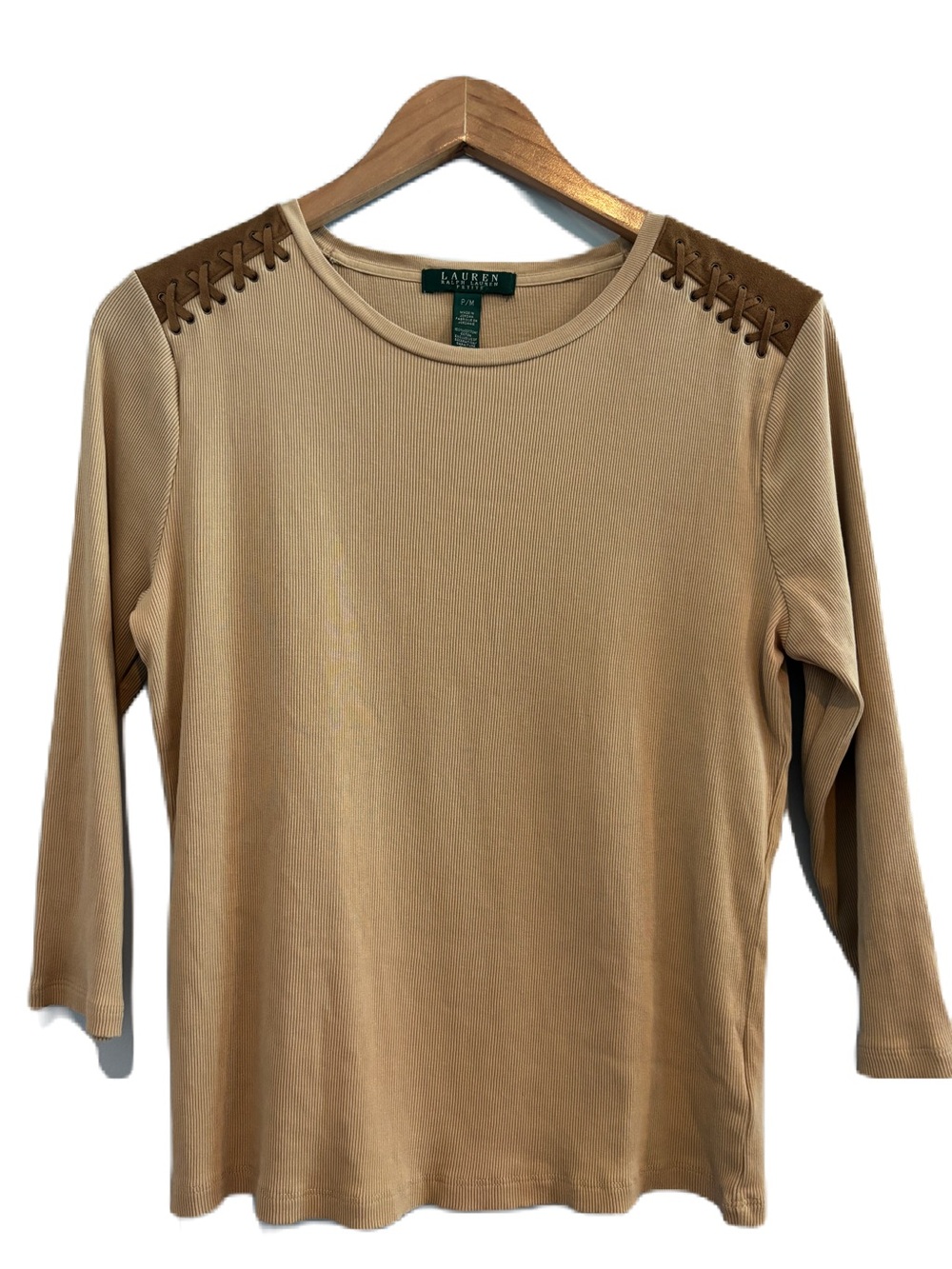 Lauren Ralph Lauren Tan Laced-Shoulder Ribbed Long Sleeve Top Size MP